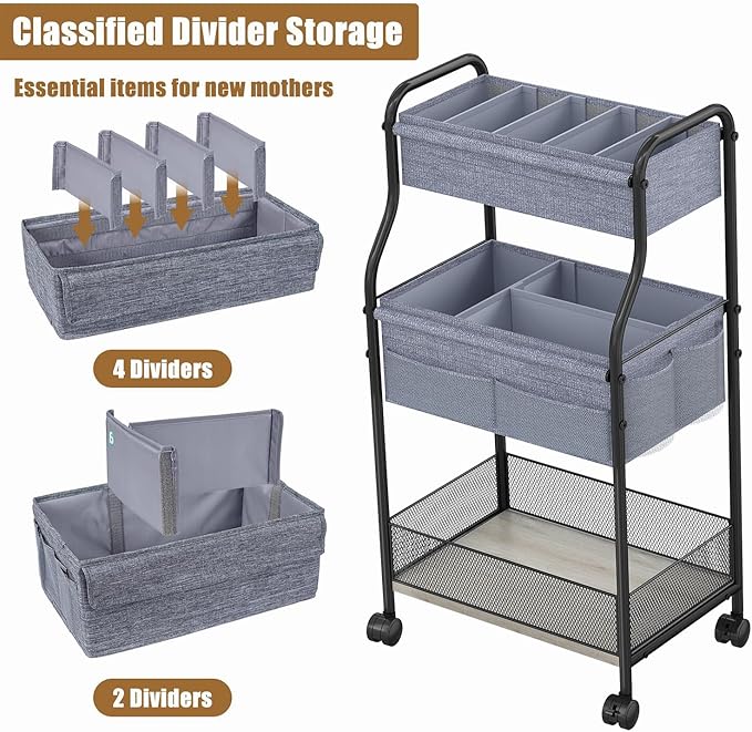 3-Tier Baby Diaper Caddy Organizer and Storage Cart, Mobile Metal Utility Cart with Rolling Wheels for Nursery Essentials with 4+2 Dividers, Large Capacity Rolling Cart For Kitchen, Bathroom, Office