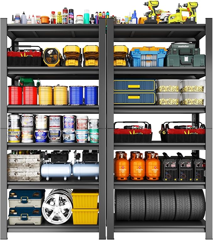 82'' Storage Shelves, Garage Metal Shelving Unit, Adjustable, Double-Layer Column with Reinforced Ribs, Heavy-Duty, Capable of Bearing 3600 lbs, Suitable for Garage, Warehouse, Kitchen Storage