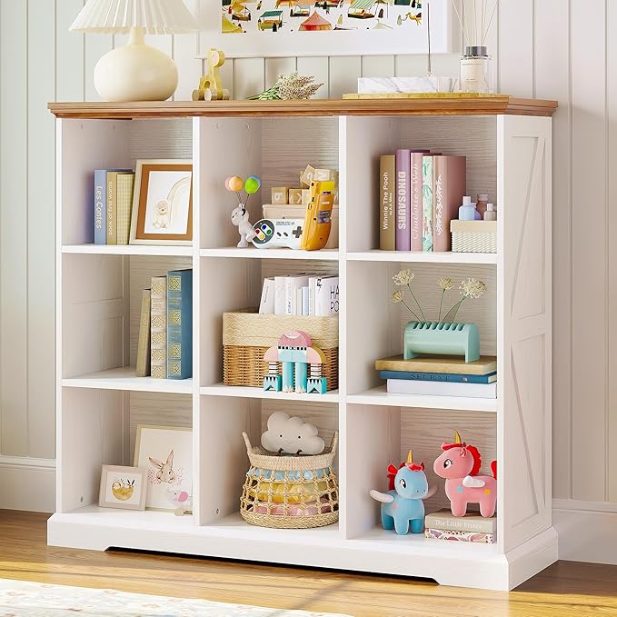 IRONCK 9 Cube Storage Organizer, Wooden Cube Shelf with Storage, Farmhouse Bookcase for Bedroom, Living Room and Home Office, White