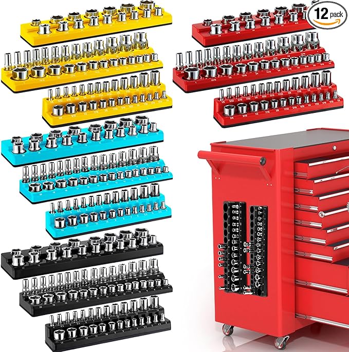 12 Pcs Magnetic Socket Organizer Set Compatible with SAE and Metric Magnetic Holders 1/4'', 3/8'', 1/2'' Drive Socket Trays Hold 286 Standard and Deep Size, No Sockets(Colors B)