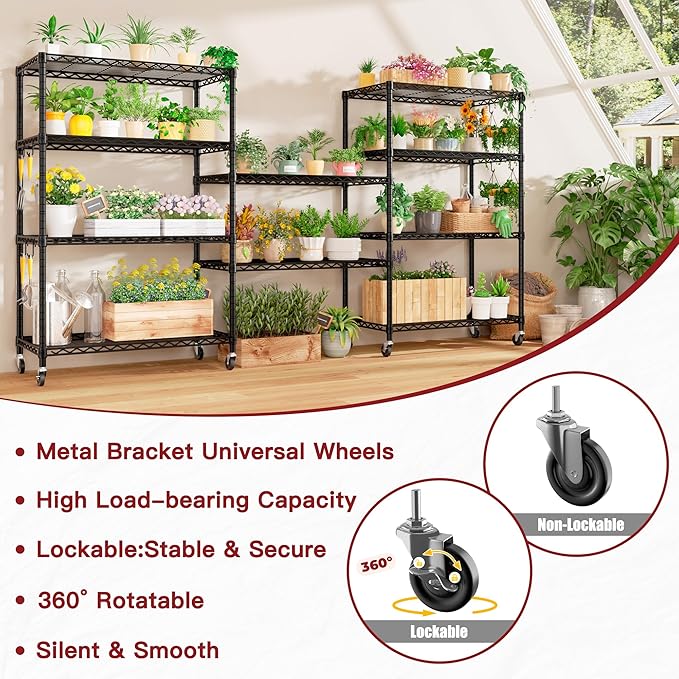 PrimeZone 74''H Wire Shelving 1250lbs 5 Tier Storage Shelves with Wheels NSF Certified Heavy Duty Steel Metal Shelf Adjustable Rolling Rack Kitchen Garage Closet Pantry Laundry 74''HX36''WX14''D
