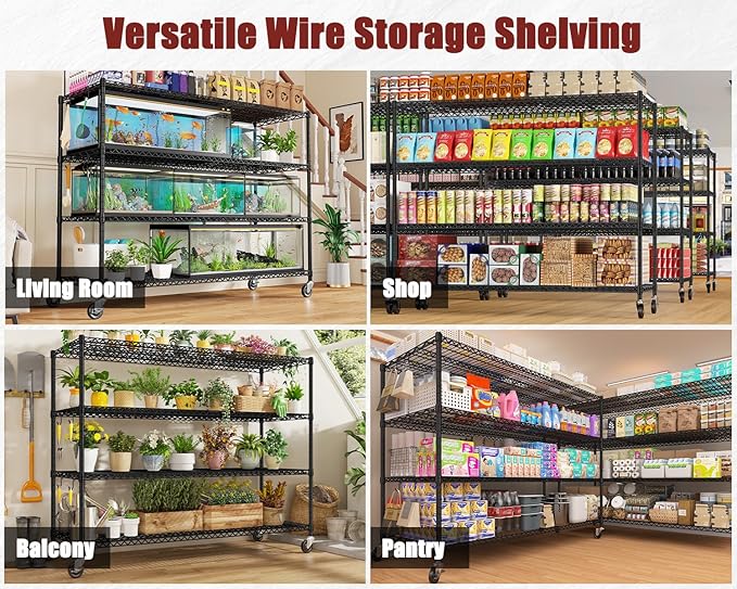 PrimeZone 60" W x 24" D x 76" H Heavy Duty Wire Storage Shelves with Wheels, 4 Tier Adjustable NSF Certified Garage Shelving Unit, Rolling Metal Organizer Shelf Rack for Warehouse, Pantry, 3 Packs