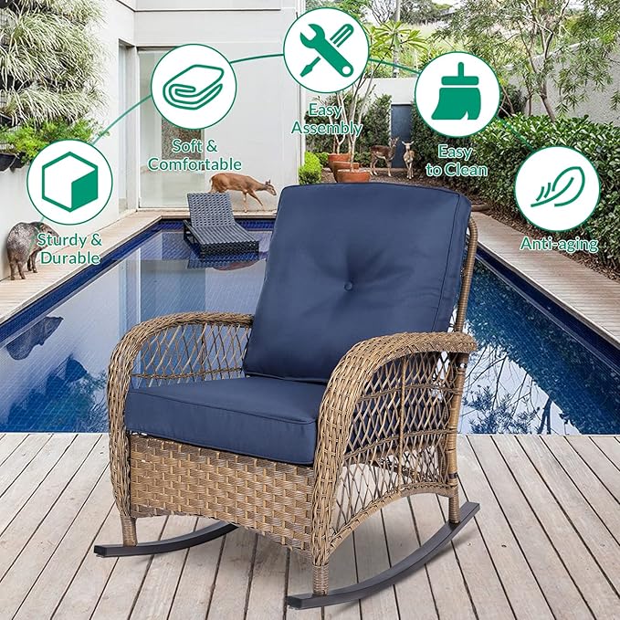 VIVIJASON 2 Piece Patio Wicker Rattan Rocker Chair, Outdoor Rattan Rocker Chair with Cushions & Steel Frame, All-Weather Rocking Lawn Wicker Furniture for Garden Backyard Porch (Navy Blue)