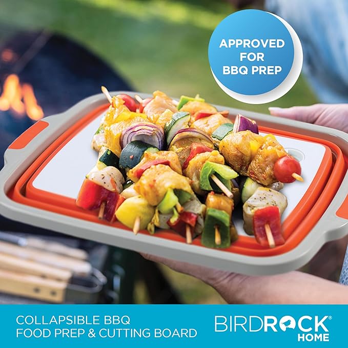 BIRDROCK HOME Collapsible Large BBQ Prep Tub w/Cutting Board, Multi-Function Grill Caddy w/Colander & Lid, Portable Silicone Dish Bowl for Picnic, Tailgate, Camping - Orange + 2pc BBQ Mitts