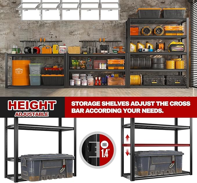 REIBII 48" W Garage Shelving Heavy Duty Load 2500LBS, 5 Tier Storage Shelves, Adjustable Metal Shelves for Warehouse, Pantry, Basement, 48" W X 72" H X18 D, 3PC