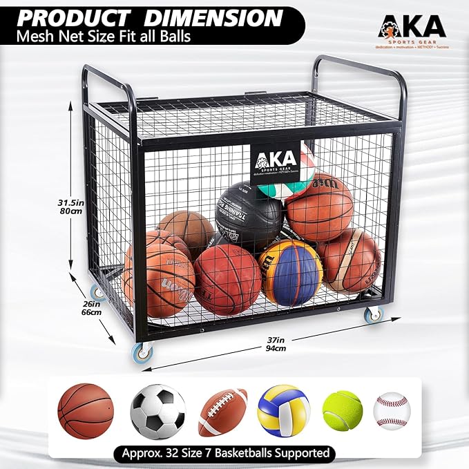 AKA Sports Ball Equpment Cart | Ball Storage for Soccer, Volleyball, Football | Ball Organizer | Ball Rack with Wheels