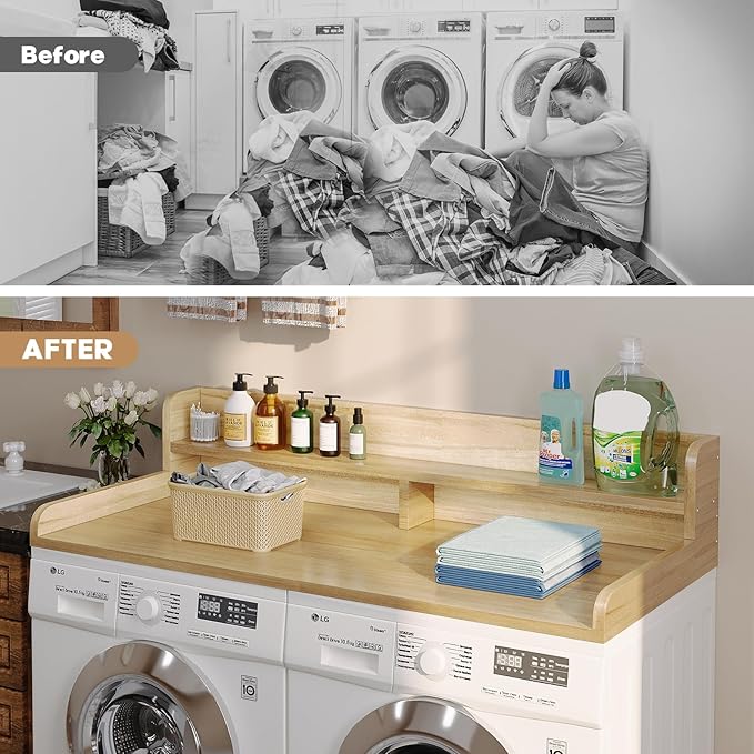 2-Tier Washer Dryer Countertop with 2.75" H Edge Rails, 58" W x 28" D Laundry Countertop for Folding Clothes, Washer and Dryer Topper with Non-Slip Pad (Pure Wood Color)