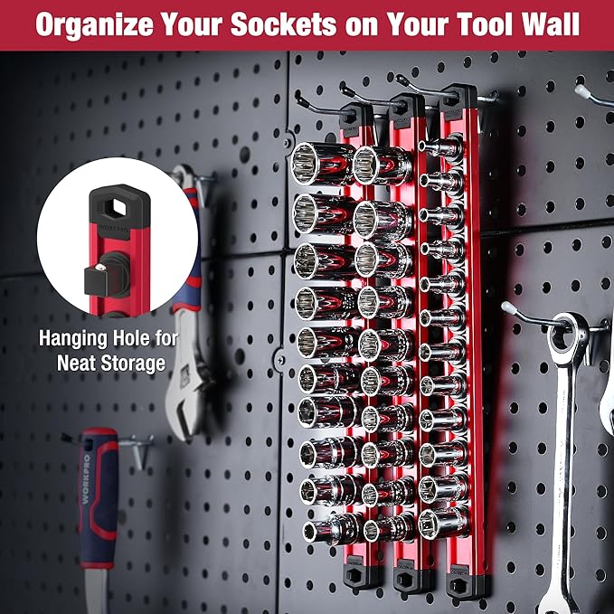WORKPRO Magnetic Socket Organizer, 1/4-Inch Drive Aluminum Alloy Socket Rail, Heavy Duty Socket Holder, Socket Rack Kit 1/4-Inch x 12 Clips (Red)