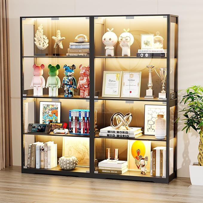 Display Cabinet with Glass Doors, 4-Tier Curio Cabinet with 3 Color Lights for Collectibles, Glass Display Case with Human Body Sensor, Bookcase with 4 Shelves, Storage Cabinets, Black