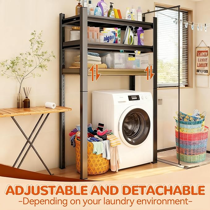 Height-Adjustable Bathroom & Laundry Storage Shelf, 3-Tier Metal Organizer Rack for Washer Dryer, Sturdy Shelving Unit for Bathroom Essentials, 63 x 31.5 x 15.7 Inches