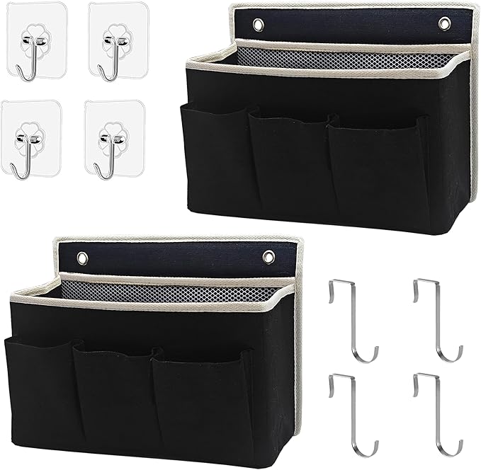 2-Pack Wall Hanging Organizer Bag/Hanging Baskets with Large Mesh Compartment & 3 Pockets，Over the Door Organizer Space Saving Storage for Bedroom,RV Camper, Closet (Black - 2 Pack)