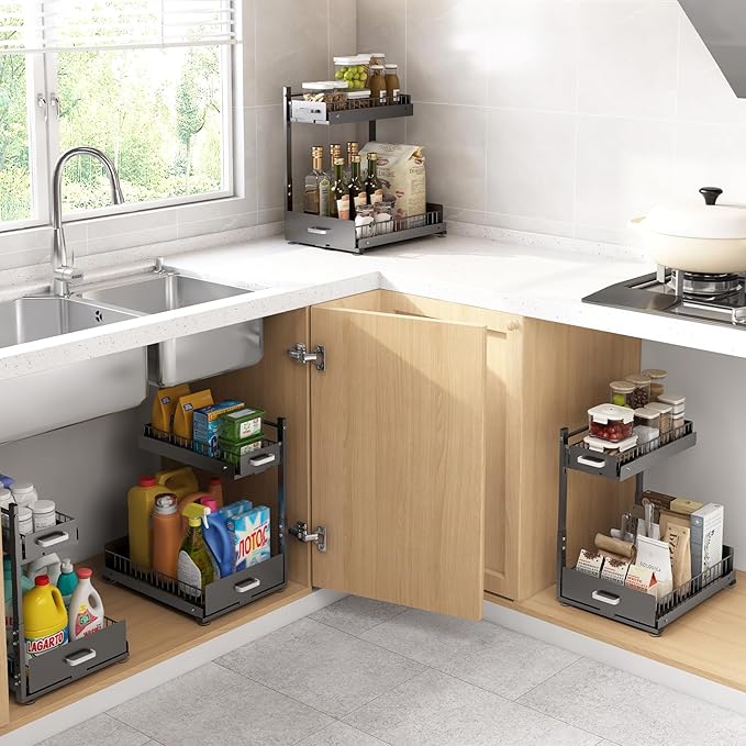 Under Sink Organizer,2 Tier Slide Out Kitchen Cabinet Organizers with Pulley,Under Bathroom Sink Pull Out Organizer with Multiple Height Adjustments for Kitchen and Bathroom Cabinets (Gray)