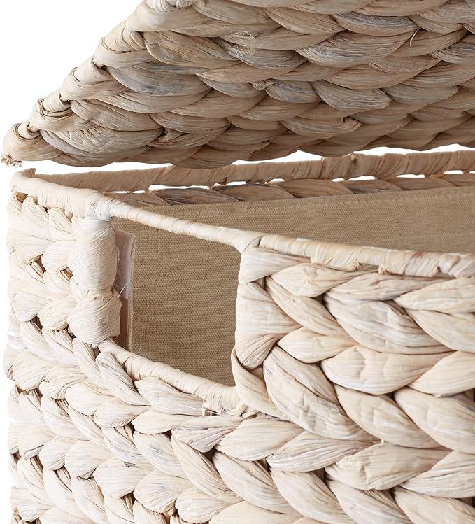 Casafield Half Moon Laundry Hamper with Lid and Removable Liner Bag - Whitewash, Woven Water Hyacinth Laundry Basket for Clothes and Towels