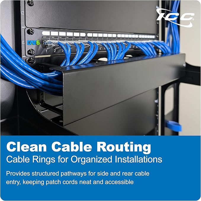 ICC 2U Ring Cable Manager Panel with Cover, Metal, 3" D-Rings, Horizontal Cable Management, Rackmount for 19” Network Racks, Black, 6-Pack