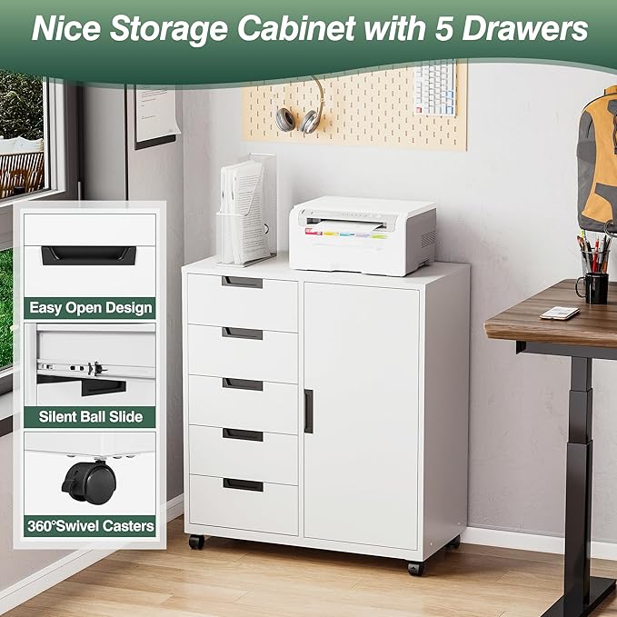 MIIIKO 5 Drawer Storage Cabinet with Door and Shelf, Mobile Lateral Cabinet on Wheels, Office Small Organizer Printer Stand, White File Cabinets