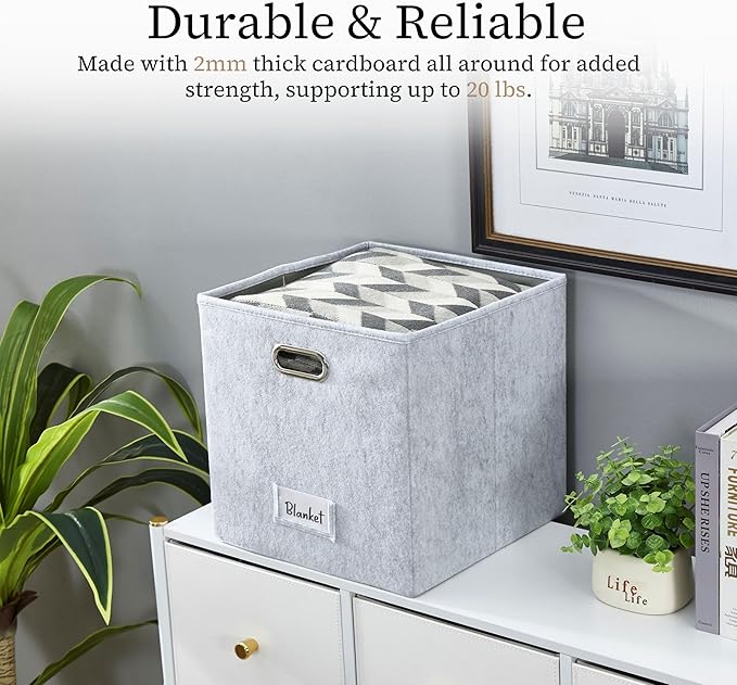 DECOMOMO Felt Storage Bins 13x15x13 Storage Cube Bins with Labels, Baskets for Organizing Shelves (Kallax / 4pcs, Light Grey)