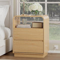 Natural Oak Nightstand with Charging Station, Mid Century Modern Bedside Table & End Table, Fluted Wood Small Night Stand with 2 Hidden Drawers and Storage Shelf for Bedroom