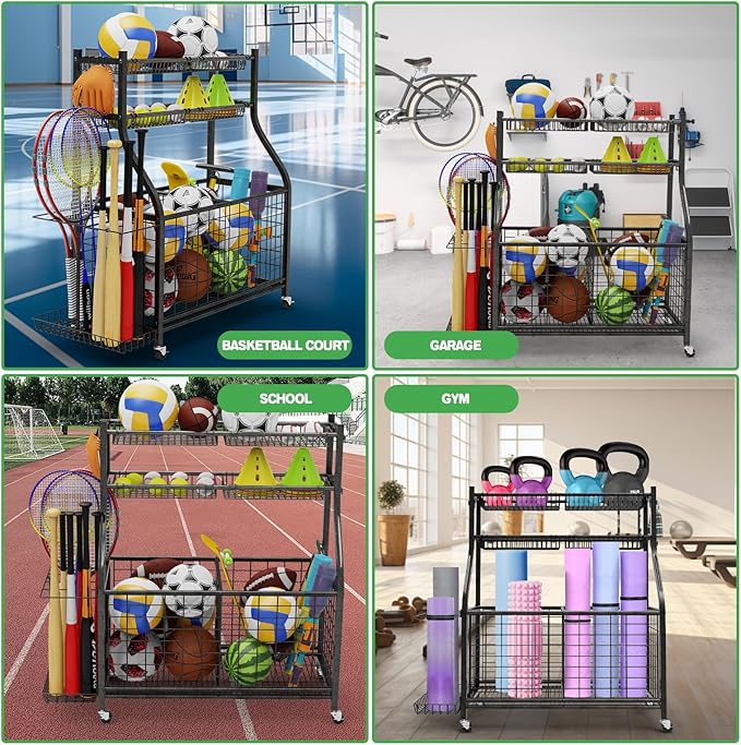 Garage Sports Equipment Organizer,Ball Storage With Four Baskets And Six Hooks,Sports Organizer For Garage,Heavy Duty Garage Organizer,Garage Storage,Garage Organization,Outdoor Toy Storage