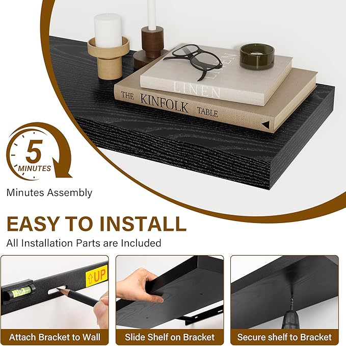 72 Inch Floating Shelves 2 Pack, 8 Inch Deep Floating Shelf Wall Mounted, Large Shelves with Invisible Bracket for Books|Storage, Rustic Wood Wall Shelf for Bedroom, Kitchen, Living Room, Black