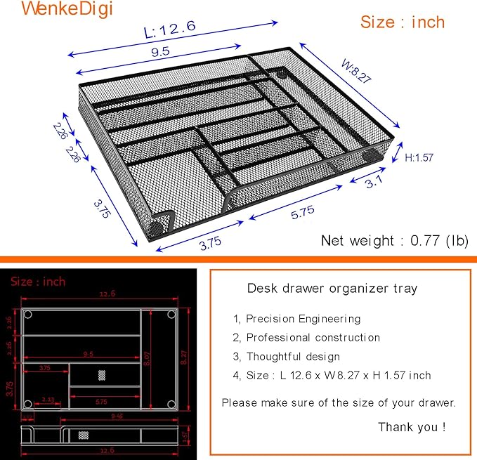 2-Pack Metal Mesh Desk Drawer Organizer Tray Set, 6-Compartment Office Drawer Organizer for Pens Supplies, 12.6"x8.27"x1.57" Black