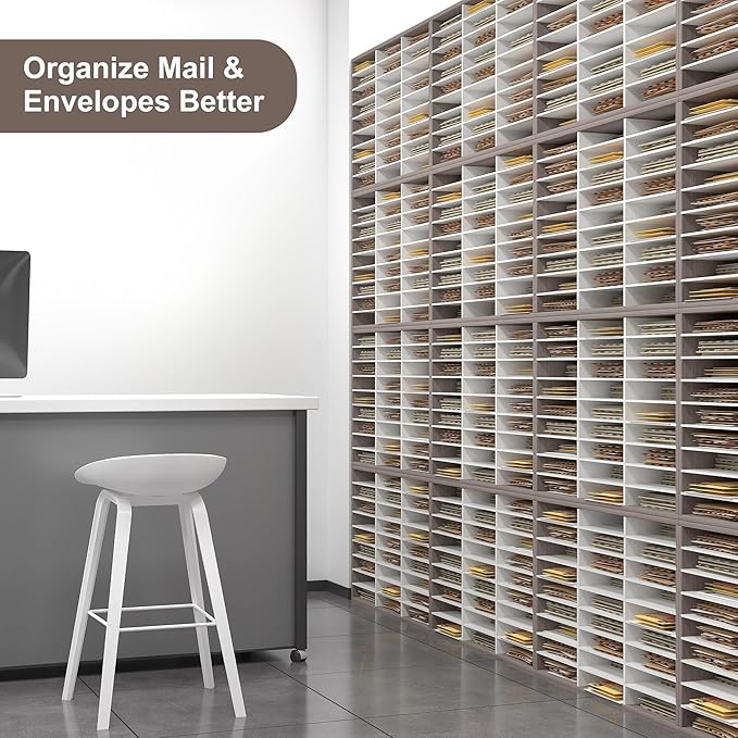 Literature Organizer 27 Slots Wooden Mailboxes for Classroom Office Mail Organizer Countertop Vertical File Sorter with Adjustable Shelves Heavy Duty Office Mailbox Cubbies, Retro Grey/White