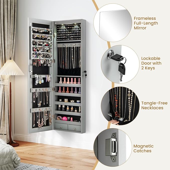 Giantex Wall or Door Mounted Jewelry Armoire with 47.5" Full Length Mirror, Lockable Cabinet with 2 LED Lights, 2 Drawers, Over the Door Large Jewelry Storage Organizer (Gray)