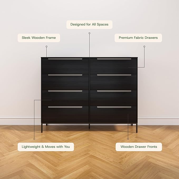 Lira Premium Fabric Dresser - Solid Wooden Frame, 8 Spacious Sag-Proof Drawers with Sleek Metal Handles - Premium & Durable Storage Solution for Your Home (Black)