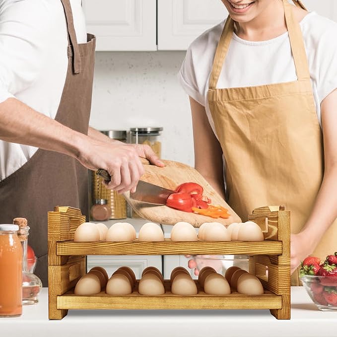 CVHOMEDECO. Wooden Egg Holder Countertop Fresh Egg Holders Firewood Egg Collecting Rack for Gathering Fresh eggs, Stackable with 36 eggs, Home Kitchen Organizer, Set of 2 PCS