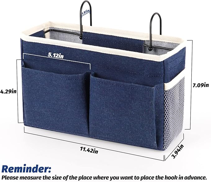 Bedside Caddy Bedside Storage Organizer Hanging Bunk Bed Dorm Room with Side Pockets for Water Bottles, Books, Cell Phones, Headphones (Dark Blue)