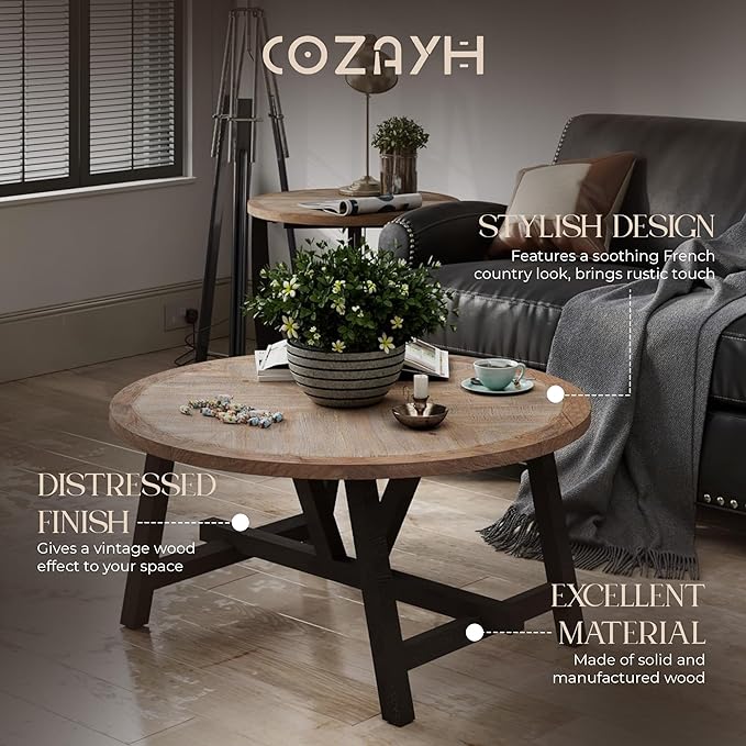 Rustic Farmhouse Coffee Table with Geometric Base, French Country Accent Table for Family, Dinning or Living Room, Modern, Round