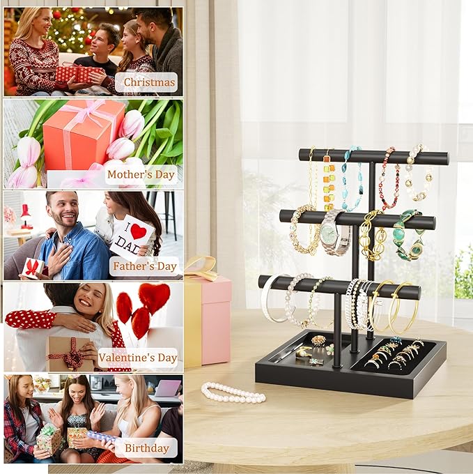 SZQINJI Bracelet Holder Display Organizer Stand, Necklace Holder Jewelry Holder Stand, Solid Wood Base with 3 Tier Metal T-bar for Bracelet Necklace Scrunchie Wristband Bangle Watch Ring, Black