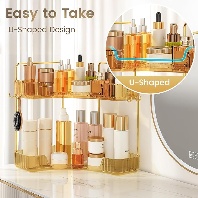 Golden Corner Counter Organizer, 2 - Tier Bathroom & Kitchen Storage Tray with Hooks | PET Vanity Organizer for Skincare, Makeup & Jewelry