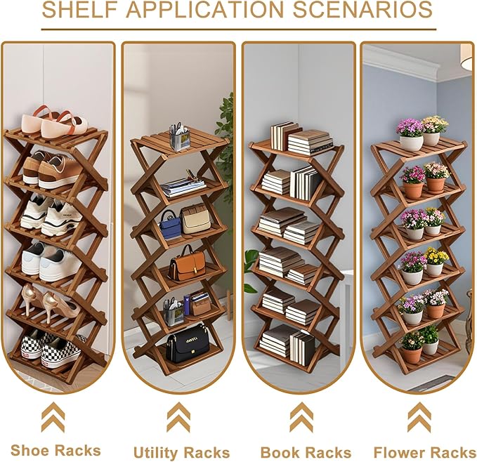 Comeon Bamboo Shoe Rack, Foldable Vertical Shoe Rack for Front Door Entrance Narrow Shoe Organizer Small Shoe Shelf for Entryway Shoe Storage Closet Multi-Tier (Brown Colors,6 Layers)