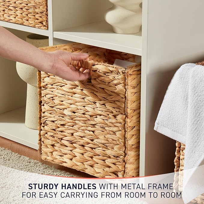 Ornavo Home 13 x 13 Inch Water Hyacinth Baskets Set of 4 – Handwoven Collapsible Wicker Storage Cube Bins with Handles for Bathroom, Bedroom, Laundry and Pantry - Natural