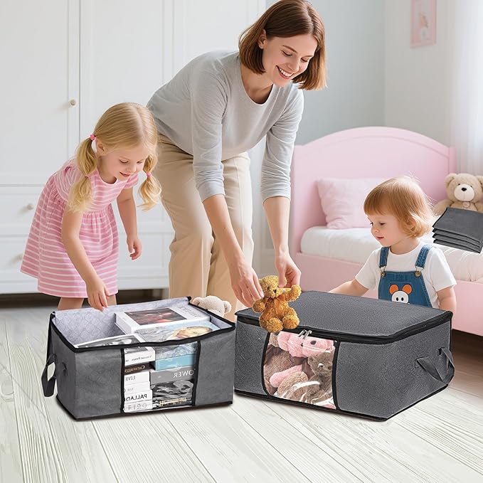 3 Pack Clothes Storage Bags with Zipper, 45L Foldable Blanket Storage Box with Clear Window Sturdy Handles for Closet, Dorm, Pillows, Bedding, Sheet, Comforter, Gray