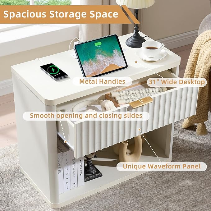 LEYAOYAO 31" Wide Fluted Nightstand with Charging Station, Oversized Extra Large 1 Drawer Night Stand with Golden Handle, White Wood Bedside Table Tall End Tables,for Bedroom, Living Room, Hallway