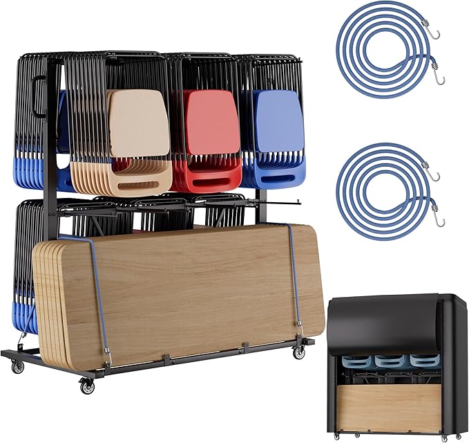 Folding Chair Rack, Heavy-Duty Chair Cart for 84 Chairs or 12 Tables of 800 LBS Capability, Contain Weatherproof Cover 2 Elastic Cords