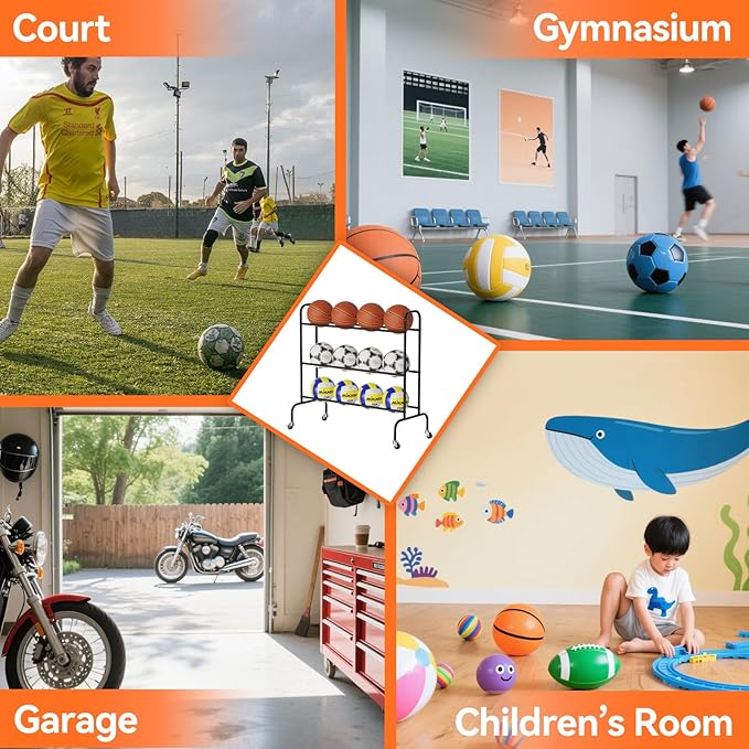 SUFAUY Sports Equipment Organizer, Garage Basketball Rack, Gear & Ball Storage Rack, Outdoor and Indoor Rolling Balls Cart with Wheels
