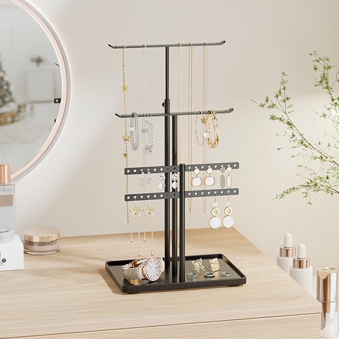 Jewelry Holder Organizer Stand - Adjustable Jewelry Tree 17.5" Height (Max), Jewlery Hanger for Necklaces, Bracelets, Earrings, Aesthetic for Storage and Display, Metal, Black