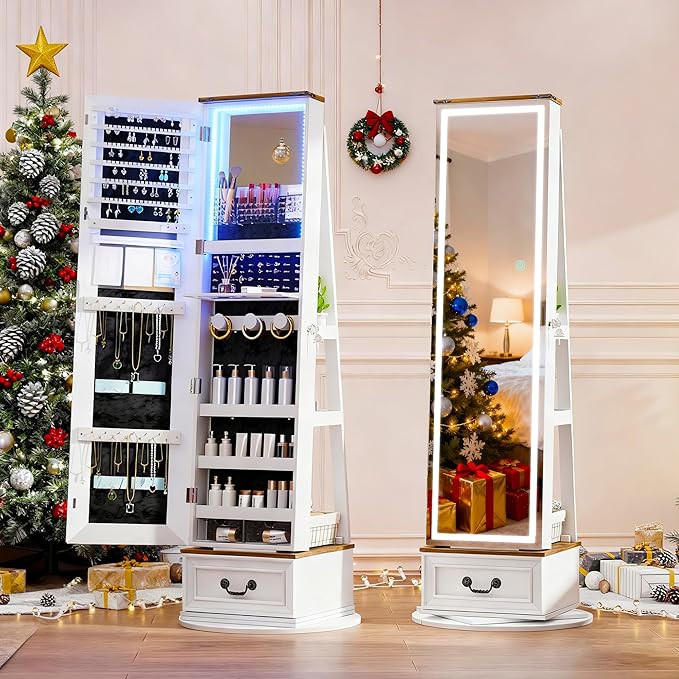 LVSOMT LED Mirror Jewelry Cabinet Standing, 360°Swivel Jewelry Armoire with Full Length Mirror, Mirror with Jewelry Storage and Large Wooden Drawer for Christmas Gifts (Farmhouse White)