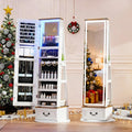 LVSOMT LED Mirror Jewelry Cabinet Standing, 360°Swivel Jewelry Armoire with Full Length Mirror, Mirror with Jewelry Storage and Large Wooden Drawer for Christmas Gifts (Farmhouse White)
