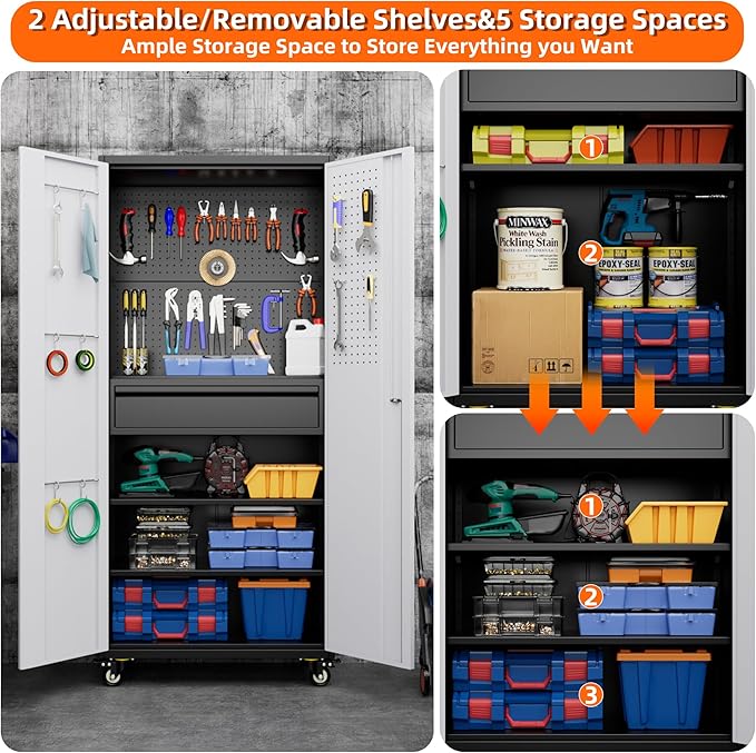 Aobabo Garage Storage Cabinet with Wheels and 1 Interior Drawer, 71"H Metal Rolling Tool Cabinet with 16 Hooks and 2 Adjustable Shelves for Garage, Home, Office, Kitchen, Assembly Required, Black Gray