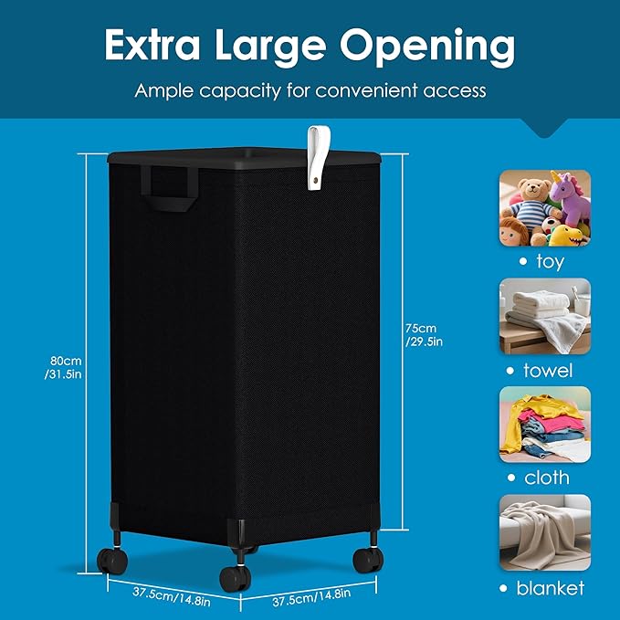 Laundry Basket with Wheels 105L, Large Rolling Laundry Hamper with Removable Bag, Metal Frame Collapsible Dirty Clothes Bin, Cloth Organizer Hampers Pull Handle for Bathroom, Dorm, Bedroom Black
