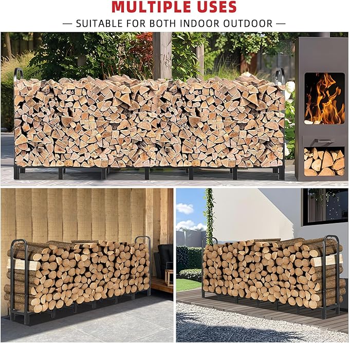 8FT Firewood Rack Outdoor, Heavy Duty Adjustable Firewood log Storage & Holder, Wood Pile Lumber Storage Rack Stacking Outside for Courtyard Patio.