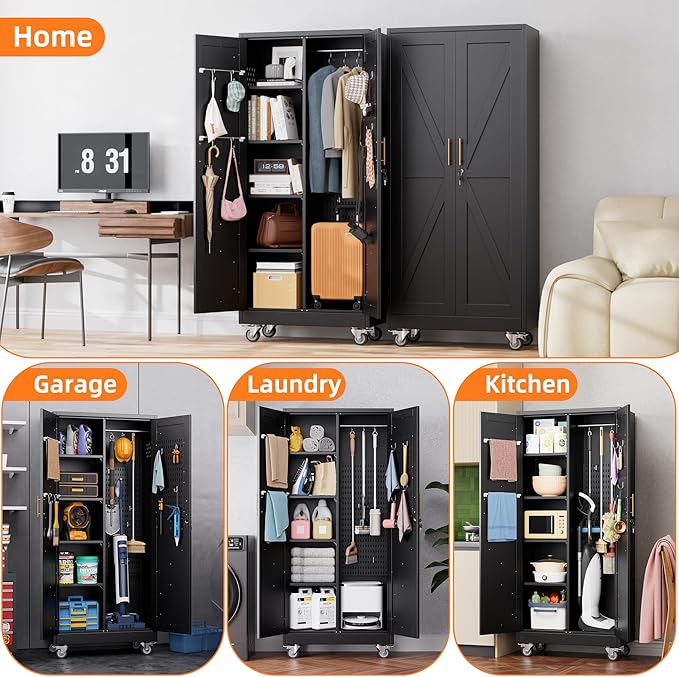 Aobabo Broom Closet Storage Cabinet with 4 Shelves, Garage Storage Cabinet with Wheels and Pegboard and Metal Hooks, Hanging Rod for Brooms and Mops,Kitchen Pantry, Black, Assembly Required