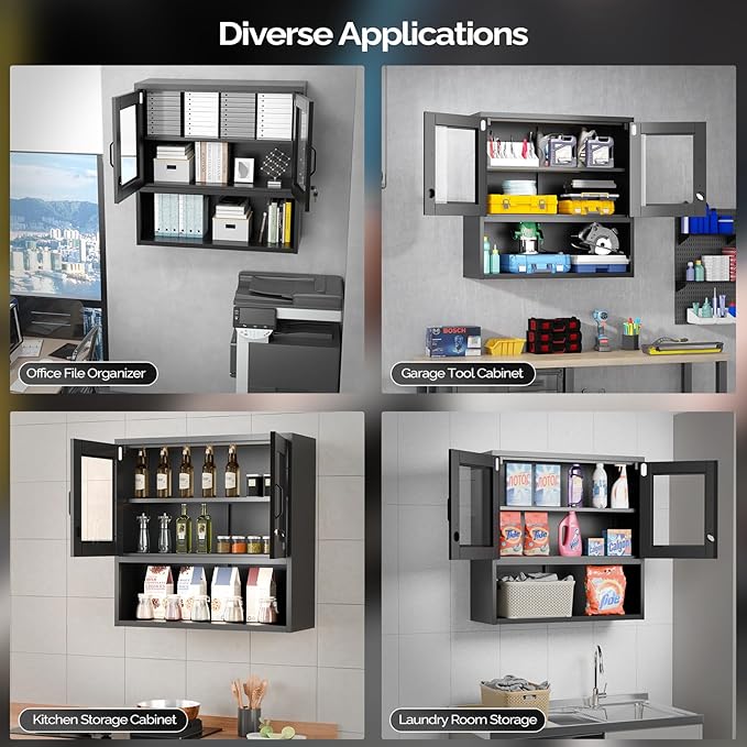 VINGLI Metal Wall Cabinet with Locking Glass Doors, Adjustable Shelf, Wall Mounted Storage Display Cabinets for Garage, Kitchen, Home Office, Warehouse, Living Room, Black