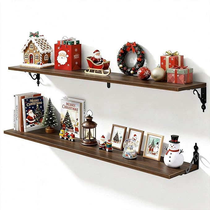 Fun Memories Large Floating Shelves for Wall 48 Inches Long, 8 Inch Deep Shelves with Metal Bracket, 48 Inch Floating Shelves Wall-Mounted, Wide Display & Storage Bookshelves, Walnut, Set of 2