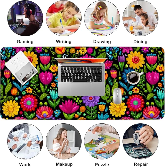 Folk Art Floral Mouse Pad – Large Extended Desk Mat 35.43 x 15.75 in – Colorful Boho Flowers on Black Background, Waterproof Surface, Non-Slip Rubber Base, Oversized Mouse & Keyboard Pad