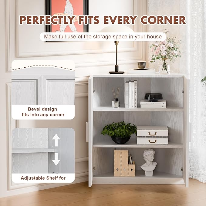 Casaphoria Farmhouse Corner Cabinet, Wooden Corner Storage Cabinet with Adjustable Shelves, Narrow Storage Organizer for Small Space, 36" H x 31" W x 16" D, 51Lb, White