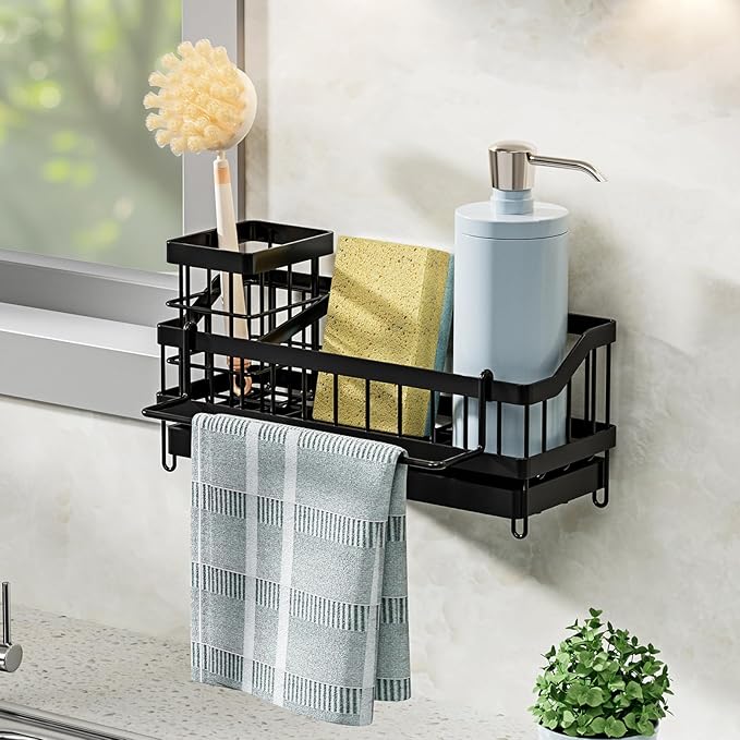 Sponge Holder for Kitchen Sink Organizer, Sink Caddy with High Brush Holder, Rustproof and Non-slip, Soap Dispenser Kitchen Organizers and Storage Essentials (Black)